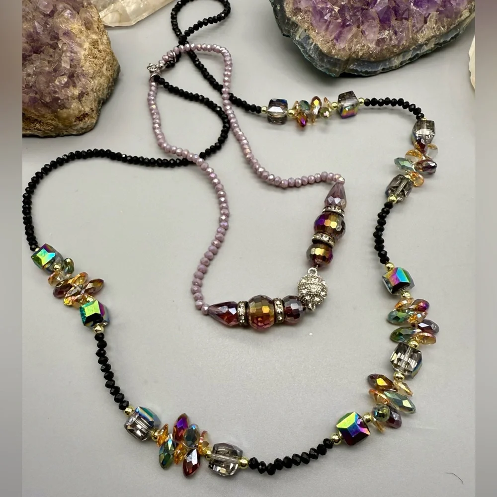 Layered Necklace Rhinestone Black Lavender Crystal Bead Hi-Lo Handmade Designer - Picture 9 of 10